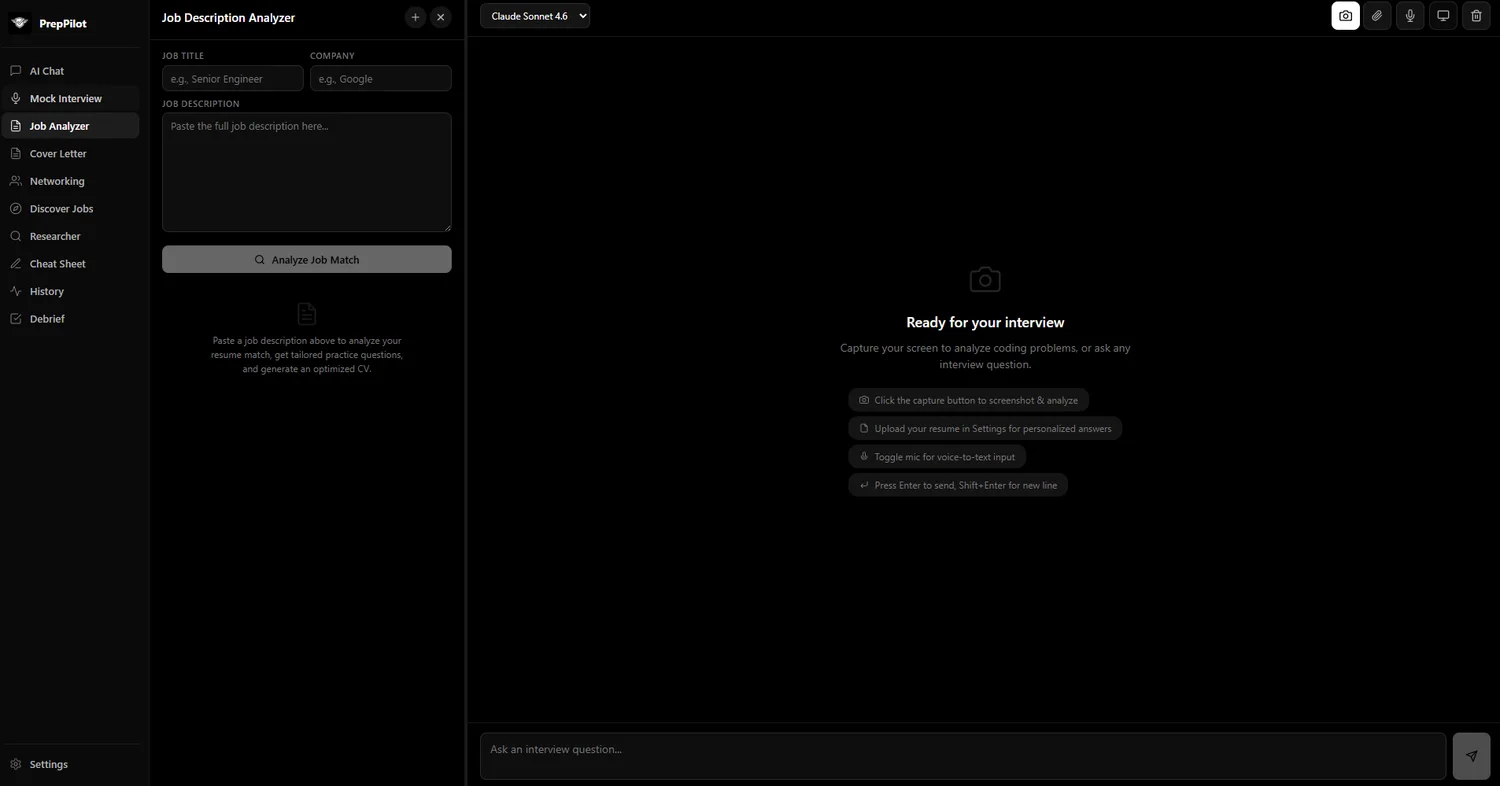 PrepPilot Desktop App - Job Description Analyzer with job title, company, and description fields