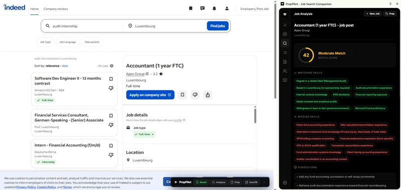 PrepPilot Extension - Job Analysis with match score, matching and missing skills breakdown